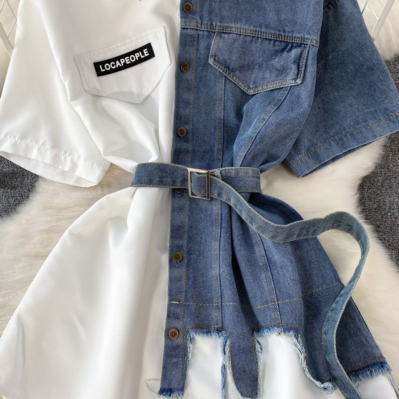 Damenbekleidung Kontrastfarbenes Revers mit Taillenabnahme, A-Linie, einreihiges Hemd, Jeanskleid, mittellanger, unregelmäßiger T-Shirt-Rock für Damen_voghion.com