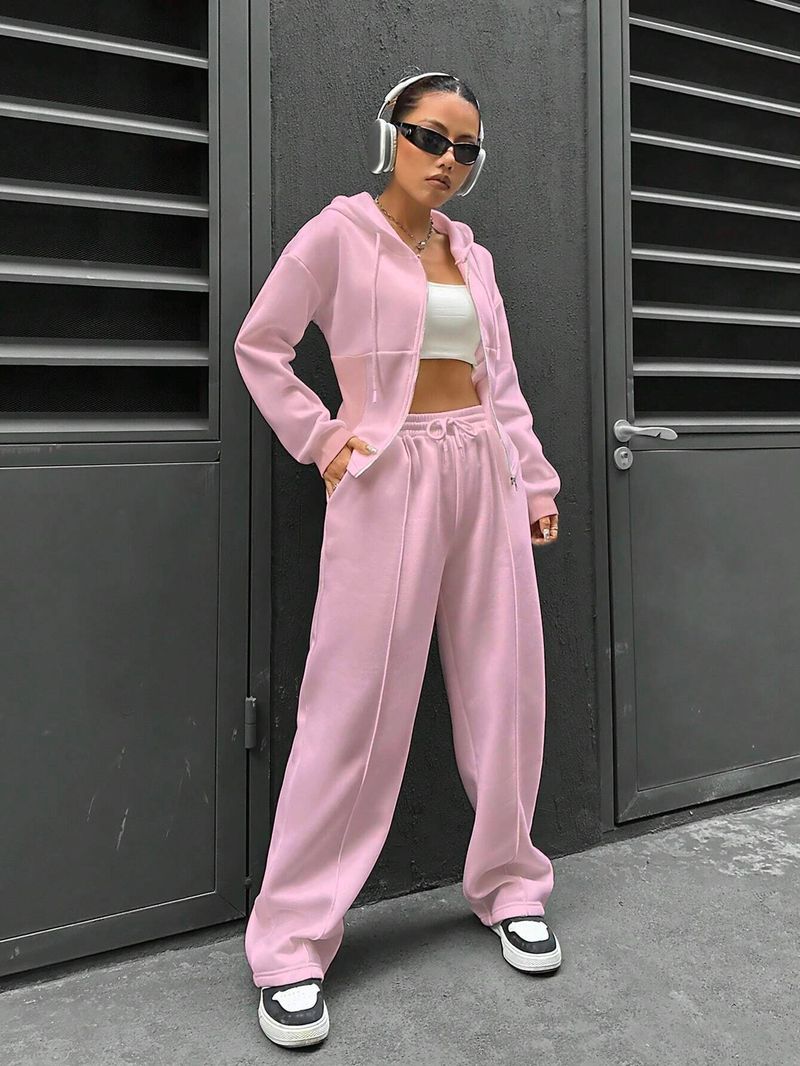 Set coordinati da donna casual due pezzi, ampio, con cappuccio, maniche lunghe, cerniera, vita elasticizzata, pantaloni larghi, tuta da jogging_voghion.com