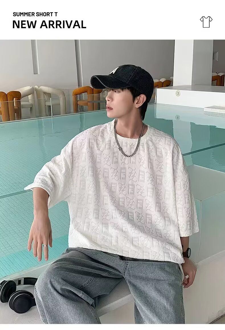 Men's Clothing high grade ice silk quick drying hollow short sleeved T shirt men's oversize see through fashion brand 5 point sleeve summer_voghion.com