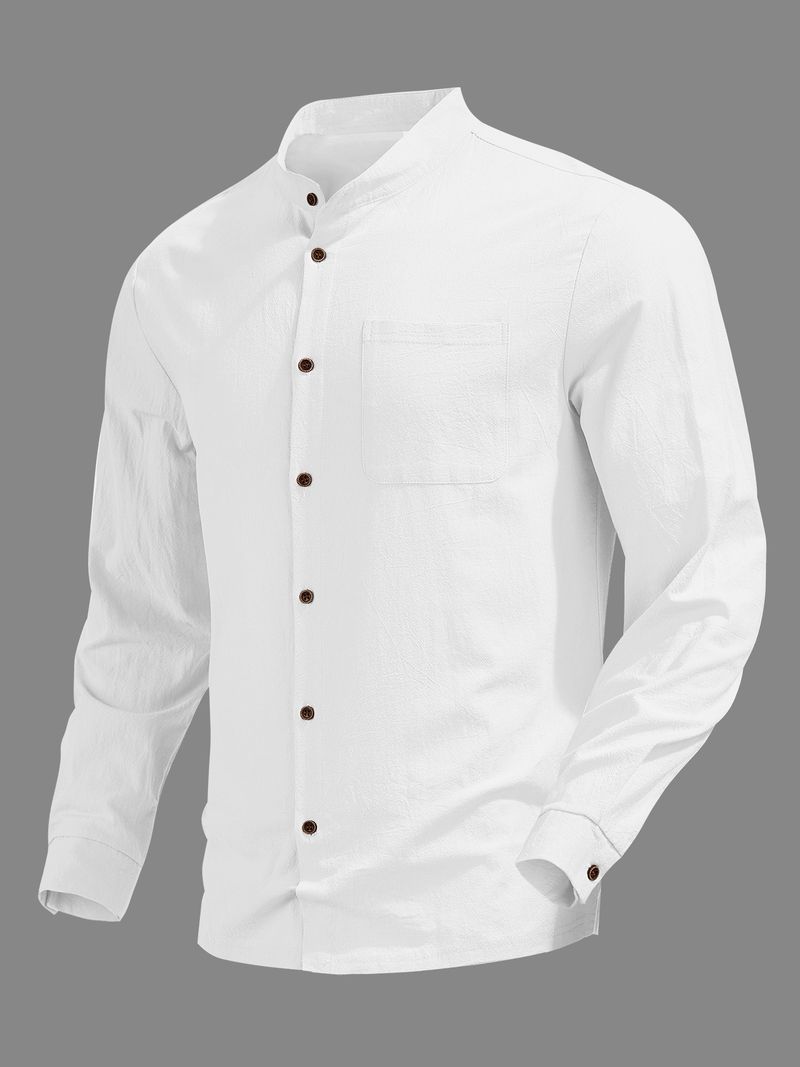 Camicia casual a maniche lunghe in lino traspirante con colletto alla coreana, stile hawaiano, da uomo_voghion.com