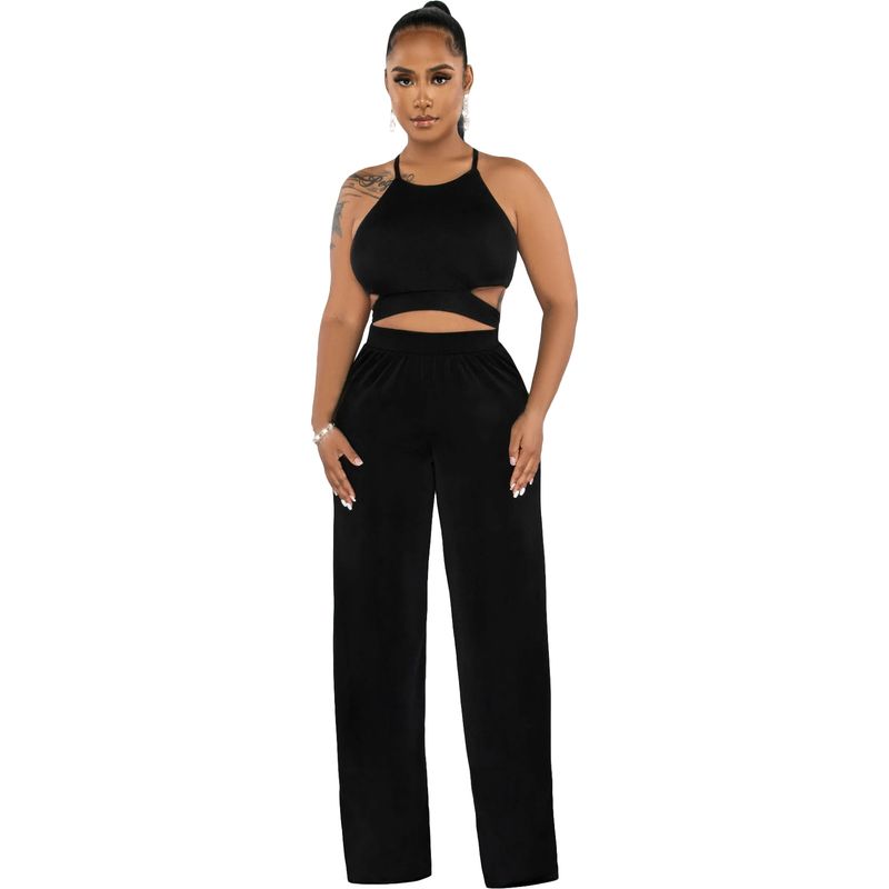 Women's clothing Halter cross strap solid color wide-leg pants two-piece set _voghion.com
