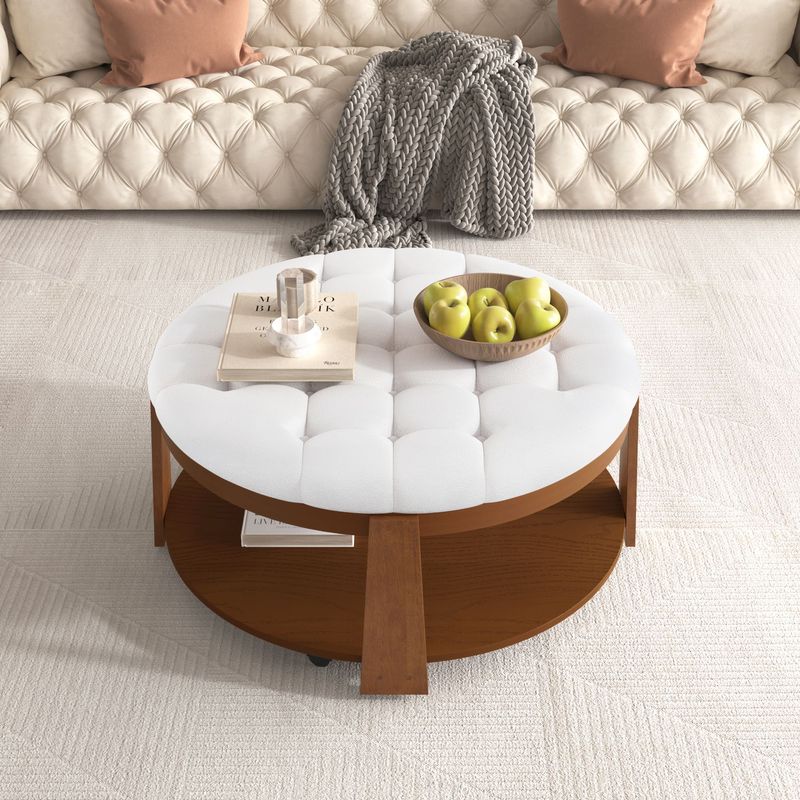 Modern Large Round Ottoman Coffee Table 2-Tier Oversized Button Tufted Ottoman With Wood Shelf Storage Upholstered Coffee Table For Living Room Footrest Ottoman With Wheel, Waterproof Linen_voghion.com