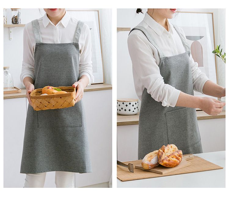 Küchenschürze mit Kreuzrücken und Taschen – Ölbeständiges Polyester, verstellbar, leuchtendes Gelb, elegantes Grau, zartes Blau, Mint_voghion.com