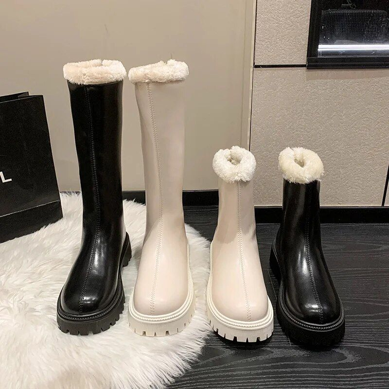 New Women's Leather High-top Snow Pile Warm And Comfortable Solid Color Boots, Fashion Boots_voghion.com