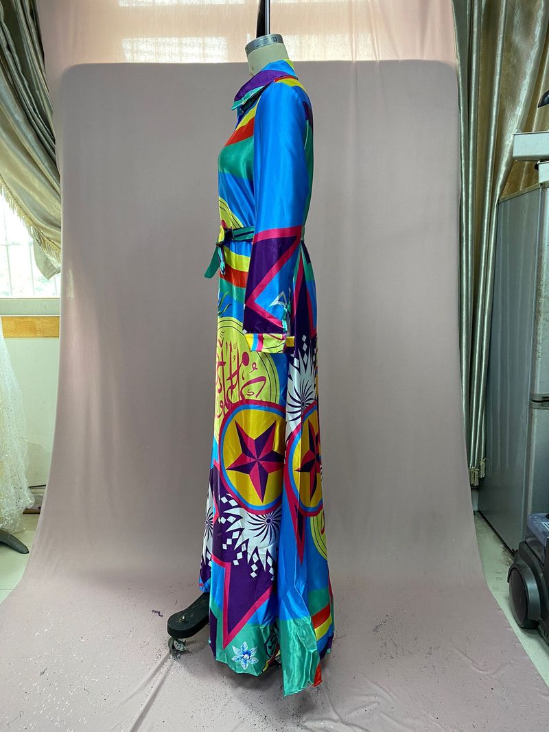 2025 Winter Plus Size Digital Printed Contrasting Dress, Large Swing Long Skirt With Belt Included_voghion.com