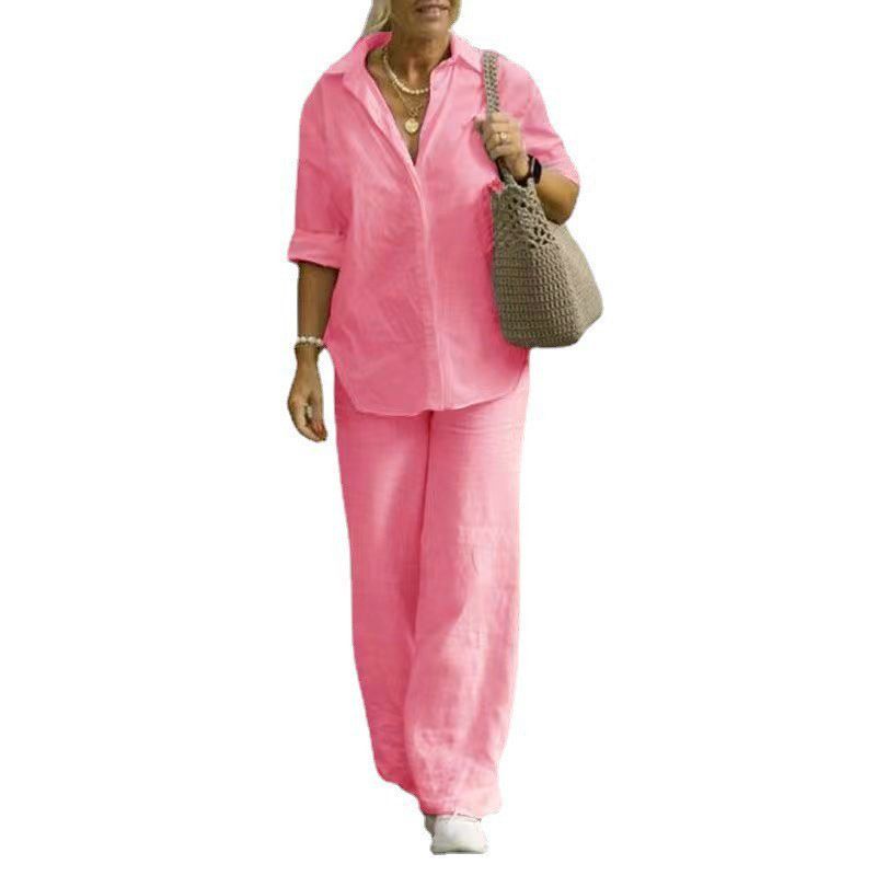 Damenbekleidung Zweiteiliges Set für Damen mit langärmeligem Revers und lässigem Frühlings- und Herbstanzug in einfarbiger Hose mit weitem Bein_voghion.com