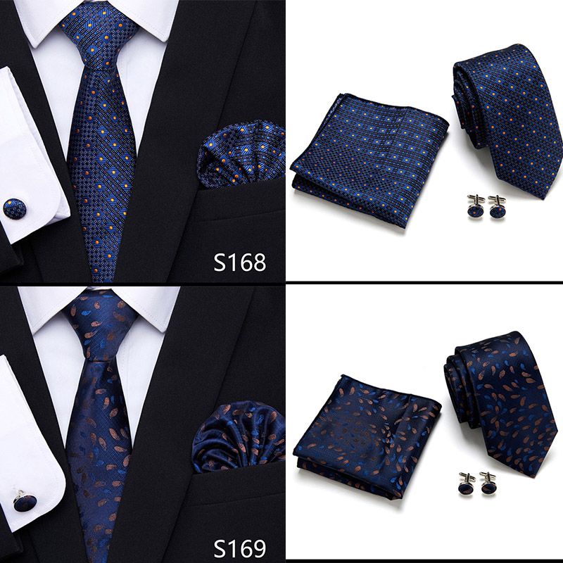 Jacquard Nuovo Design Festivo Regalo Cravatta Fazzoletto Gemelli Set Cravatta Uomo Plaid Camicia Gialla Accessori_voghion.com