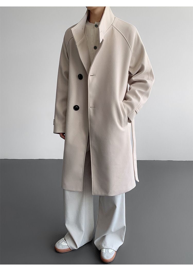 Gabardina de mezcla de lana con cuello alto para hombre: abrigo largo entallado, chaqueta de invierno de botonadura sencilla (negro/albaricoque, M-5XL)_voghion.com