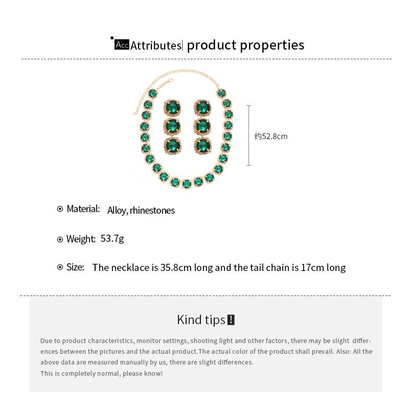 Light luxury diamond-encrusted square round geometric stud earrings necklace set, dinner temperament 2-piece set_voghion.com