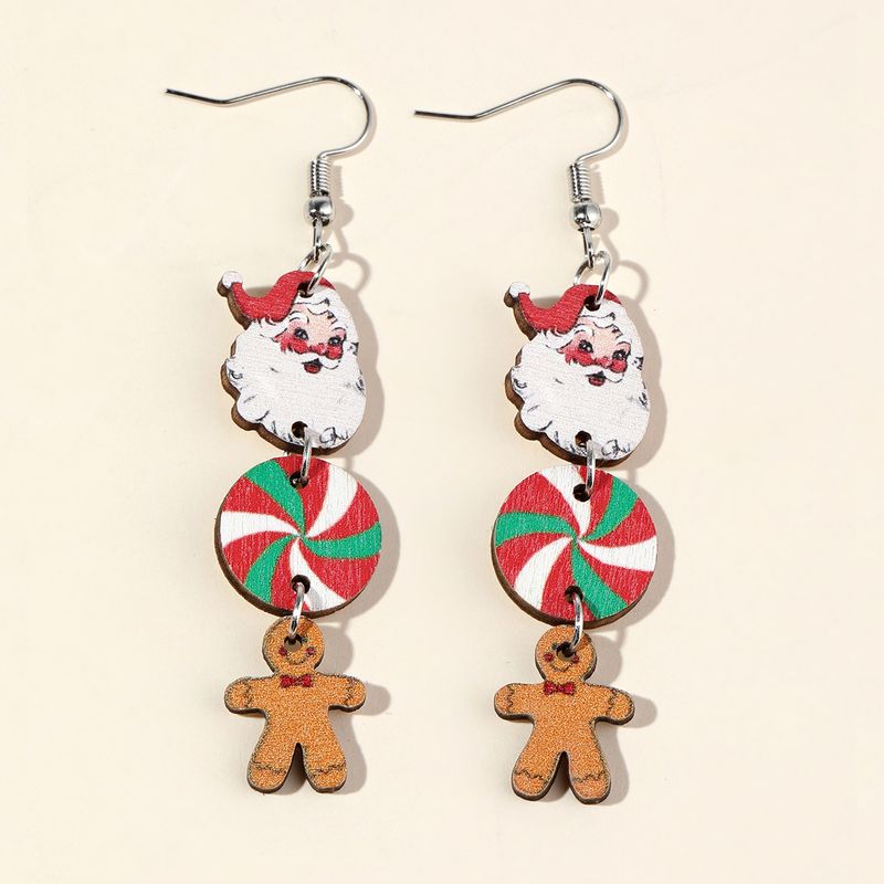 Orecchini da donna in legno con albero di Natale a forma di alce, calzini di Babbo Natale e omino di pan di zenzero_voghion.com