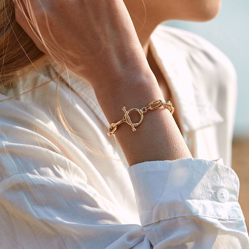 Popular Minimalist Ins Paper Clip Plated K Real Gold Chain Hollow Design OT Buckle Cold Style Bracelet_voghion.com
