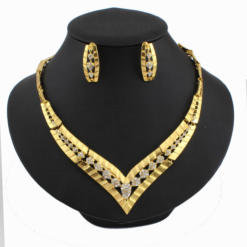 Orecchini con collana placcati in oro in lega di Dubai, set di due accessori moda per la sposa nigeriana_voghion.com