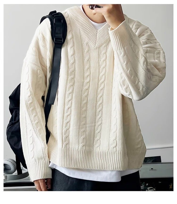 Maglione marrone a trecce con scollo a V per uomo, maglione casual autunnale Melad, maglietta Lazy Base_voghion.com