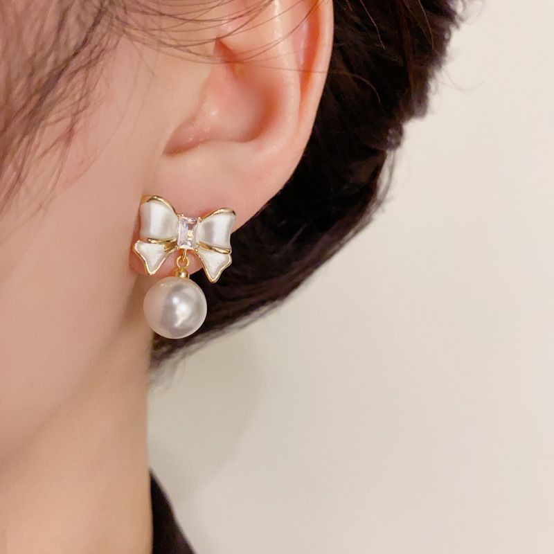 Nuovi orecchini di perle con fiocco e fiocco per donna, design di nicchia, gioielli di lusso in argento con aghi per le orecchie_voghion.com