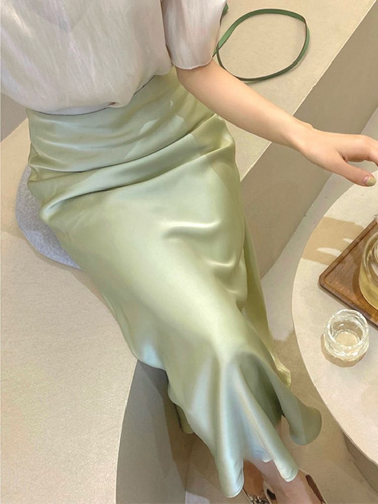 Falda de satén de acetato para mujer en verano, diseño fino, cintura alta, con cola de pez, suave seda helada francesa brillante._voghion.com