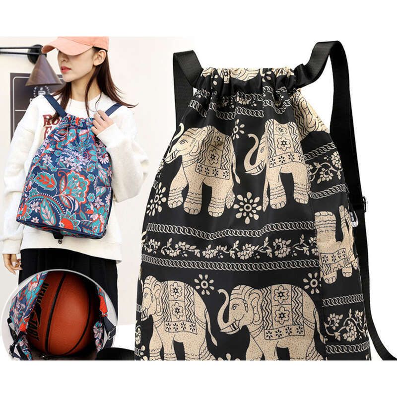 Women's Print, Lightweight Drawstring, Foldable Storage Sports Gym Bag, Drawstring Pocket,_voghion.com