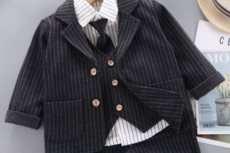 Korean Version Of Boys Striped Shirt Long Sleeved Tie Suit Children's Suit Vest Single Breasted Dress Jacket Four Piece Suit_voghion.com