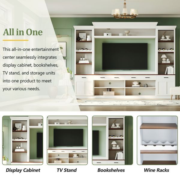 ON-TREND Farmhouse 4-Piece Entertainment Wall Unit Set With Bookshelf For TVs Up To 70', Walnut TV Stand With Adjustable Shelves, Mid-Century Large_voghion.com