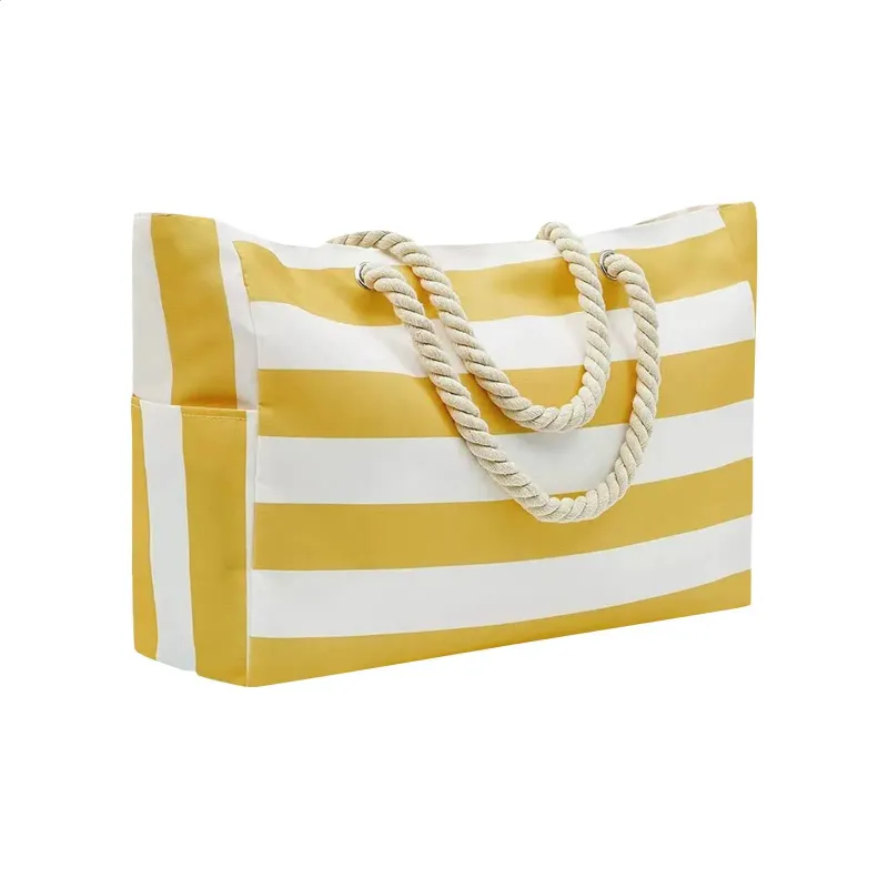 Damentasche: Gestreifte Reisetasche aus Canvas und Polyester, extragroß, wasserdichte Strandtasche mit Reißverschluss, ideal für den Strand_voghion.com