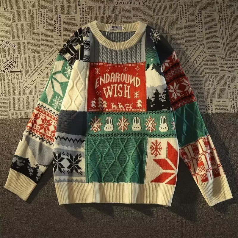 Men's Color-Block Knit Sweater – Trendy Jacquard Pattern For Halloween & Christmas (Blue/Red, EU Sizes S-2XL)_voghion.com