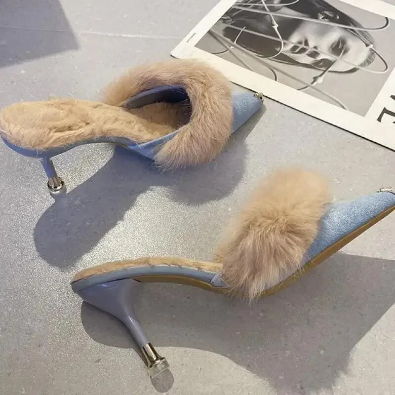 Bont Slippers Muilezels Puntschoen Elegante Hoge Hakken Schoenen Vrouwen Herfst Nieuwe Harige Slides Slippers Kantoor Werk Ytmtloy_voghion.com