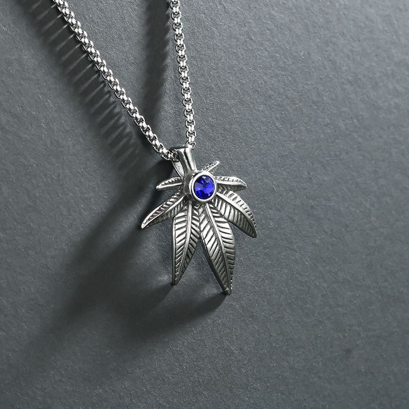 Street Hip Hop Fashion Personality Trend Necklace Men's Blue Stone Silver Leaf Pendant Necklace_voghion.com