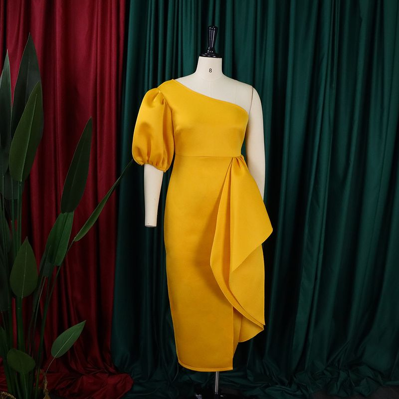 Damen-Kleid, Größe S-3XL, Temperament-Taille, umwickelt, mit Blasenärmeln, Bankett-Split-Kleid_voghion.com