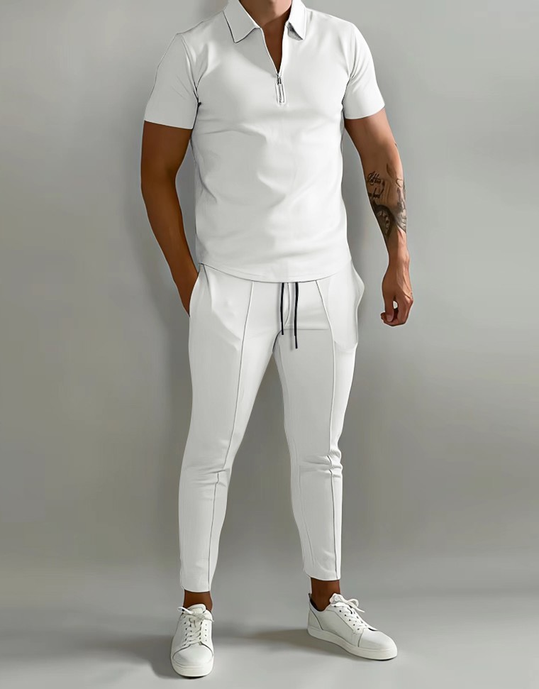 2024 Nieuwe 3D-geprinte effen polobroek met korte mouwen, casual set voor heren_voghion.com