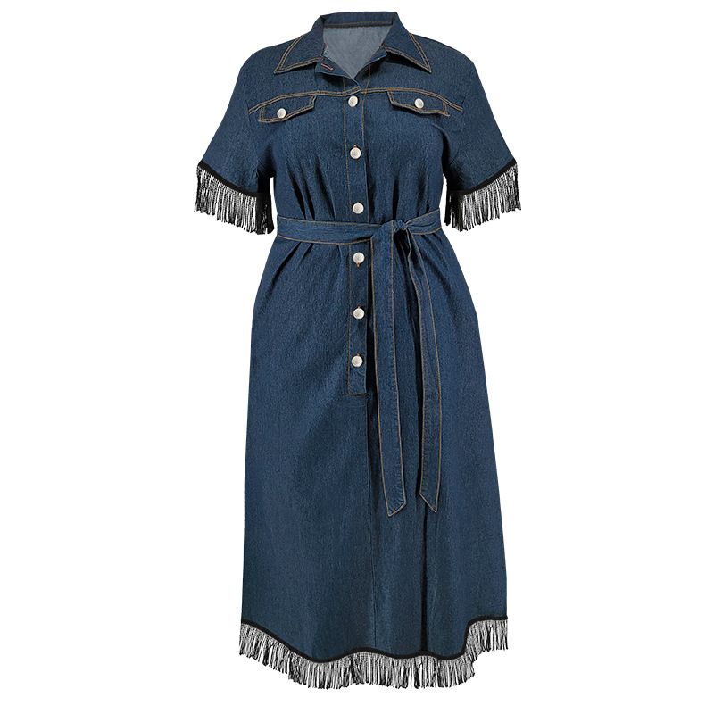 Damenbekleidung in Übergrößen Kurzärmliges Kleid mit Gürtel und Quastenknöpfen – Fließendes A-Linien-Kleid (1XL-5XL, bläulich) – Bequem und stilvoll_voghion.com