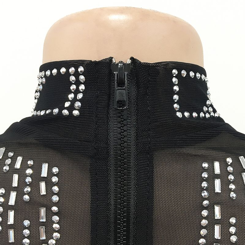 Vêtements pour femmes sexy discothèque chaude maille diamant transparente à manches longues fente longue jupe ensemble deux pièces_voghion.com