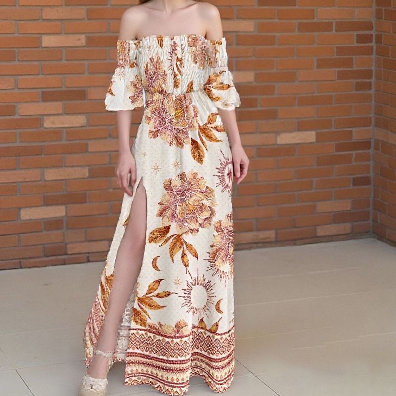 Robe élégante imprimée à épaules dénudées et fente, collection automne 2025, fusion de mode européenne et américaine._voghion.com