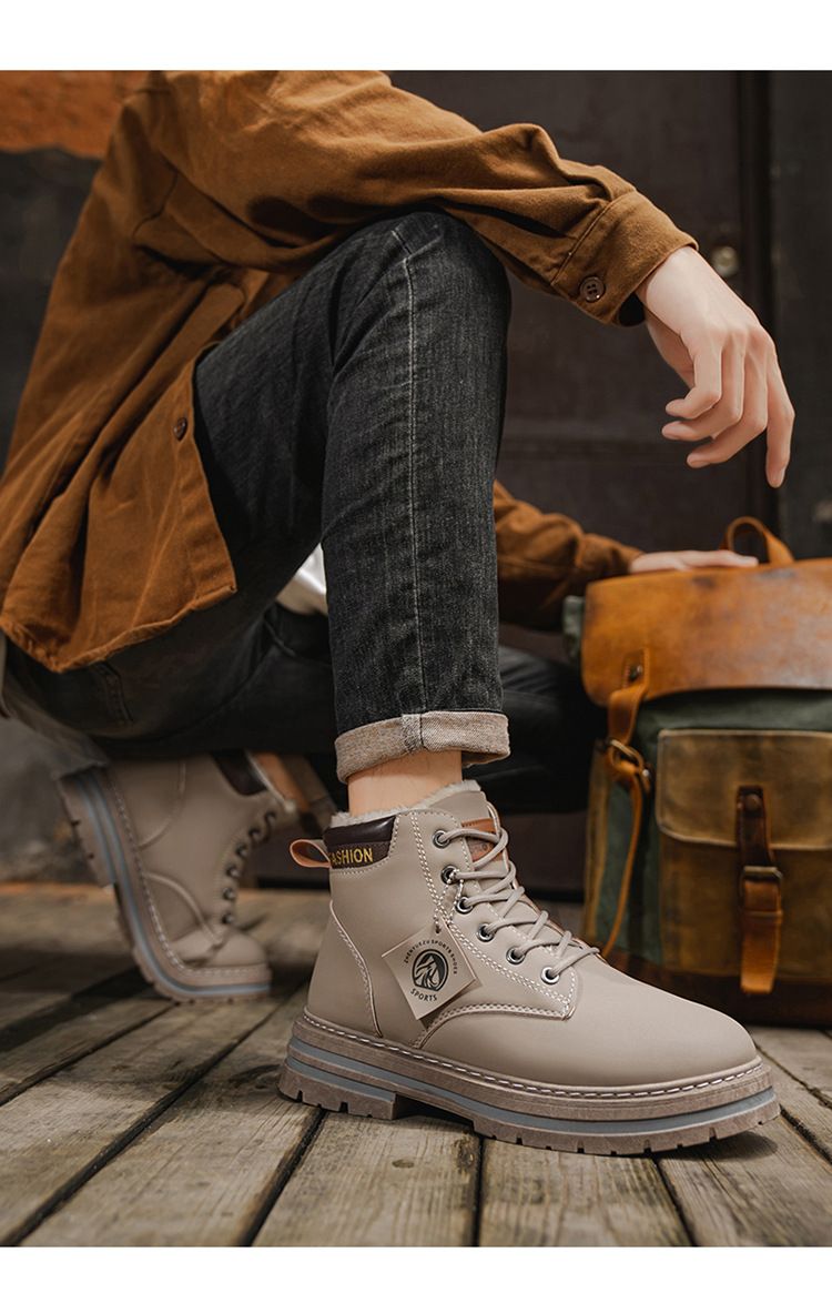 Men's Classic British Style Fleece-Lined Martin Boots - Comfortable Round Toe Casual Shoes For Winter (Khaki, Black, Gray, Green)_voghion.com