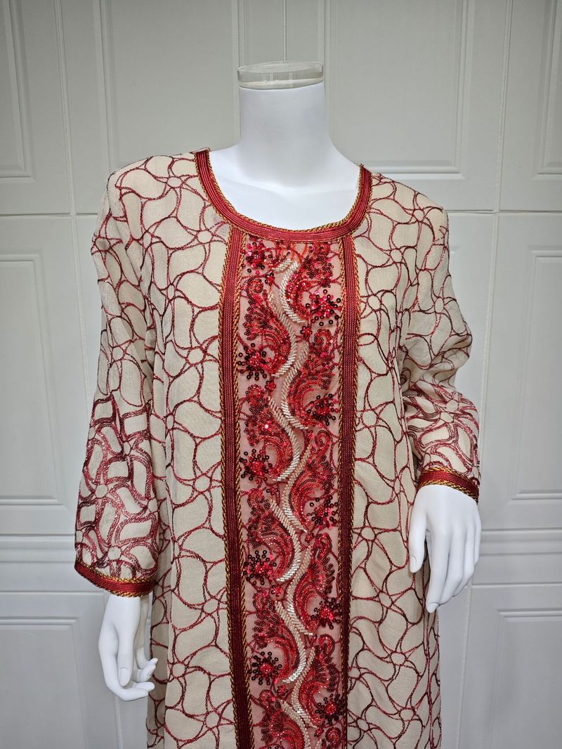 Women's Clothing Muslim Sequin Embroidery Fashion Mesh Embroidery Dress Jalabiya Robe Dubai Robe_voghion.com