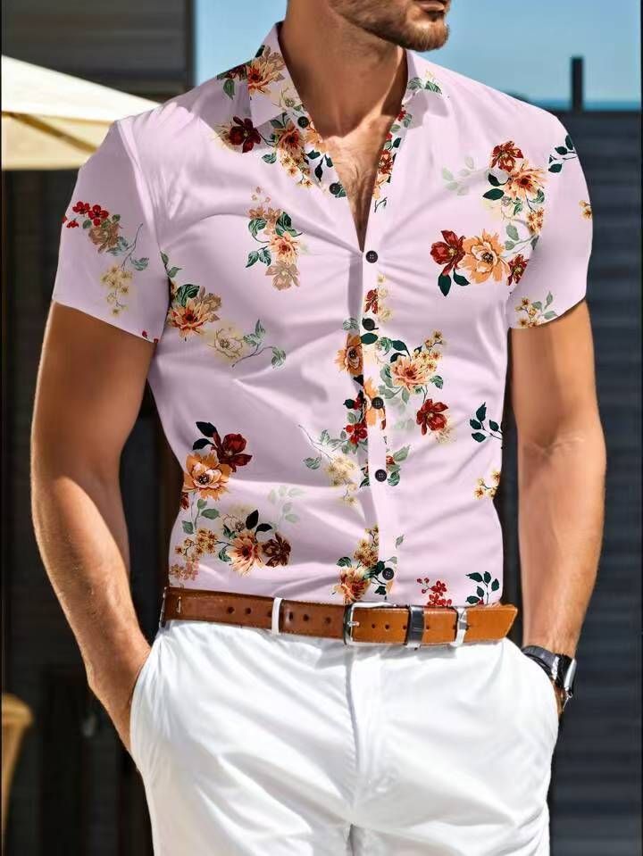 Men's Casual Versatile Slightly Elastic Fashion Slim Floral Print Men's Short Sleeved Shirt_voghion.com
