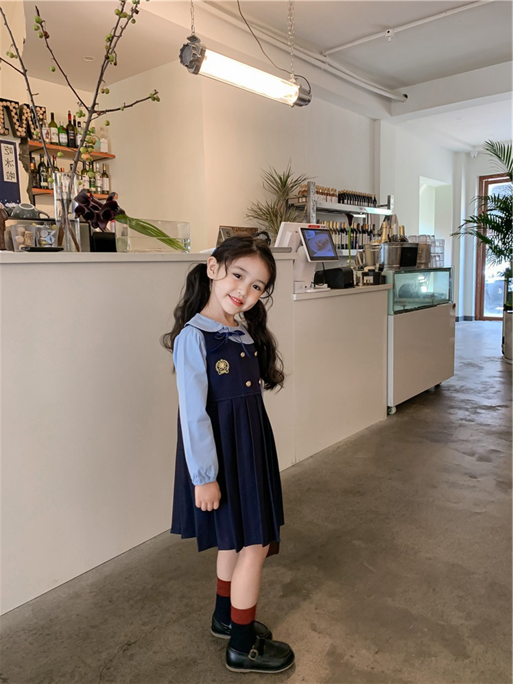 Abbigliamento per bambini, set autunnale per ragazze, graziosa camicia universitaria feng shui+gonna gilet in stile britannico blu navy_voghion.com