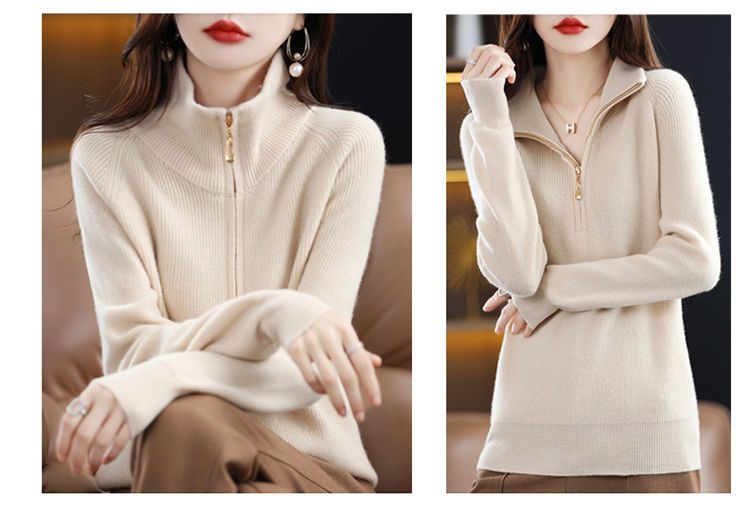 【 Cashmere Family 】 Kurzer Kapuzenpullover mit Polokragen und halbem Reißverschluss, lockerer Pullover auf Wollbasis, gestrickte Innenschicht für Damen_voghion.com