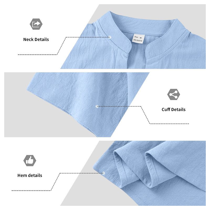 Camicia casual estiva da uomo, ampia, con colletto alto, abbottonata, in lino, a maniche corte, tinta unita, taglie forti_voghion.com