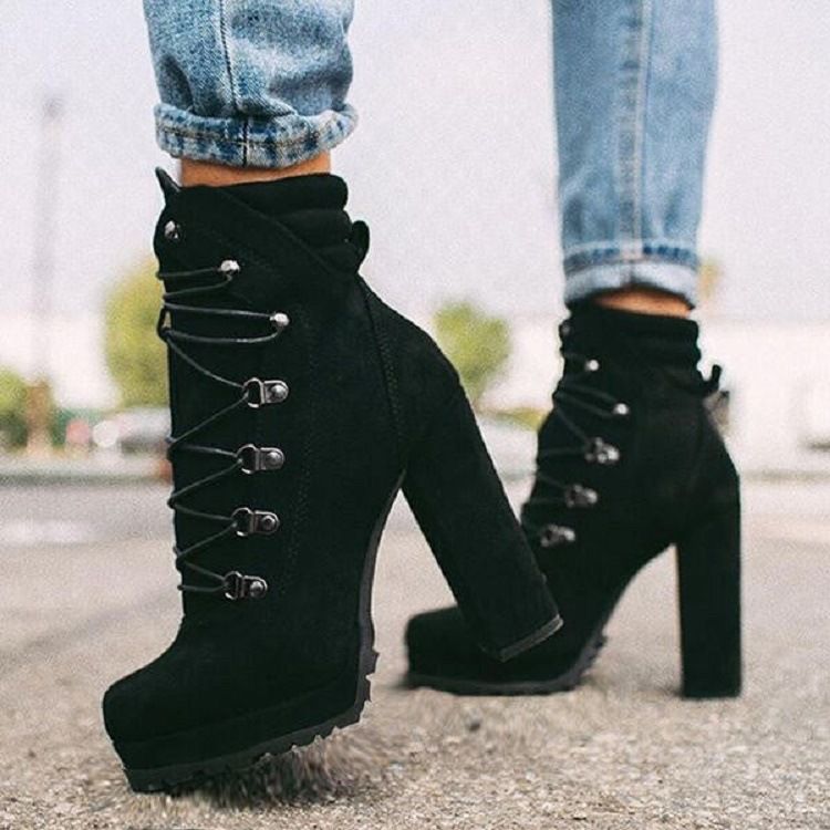 Women's Shoes autumn and winter waterproof platform high heel lace up rivet short boots suede Martin boots_voghion.com