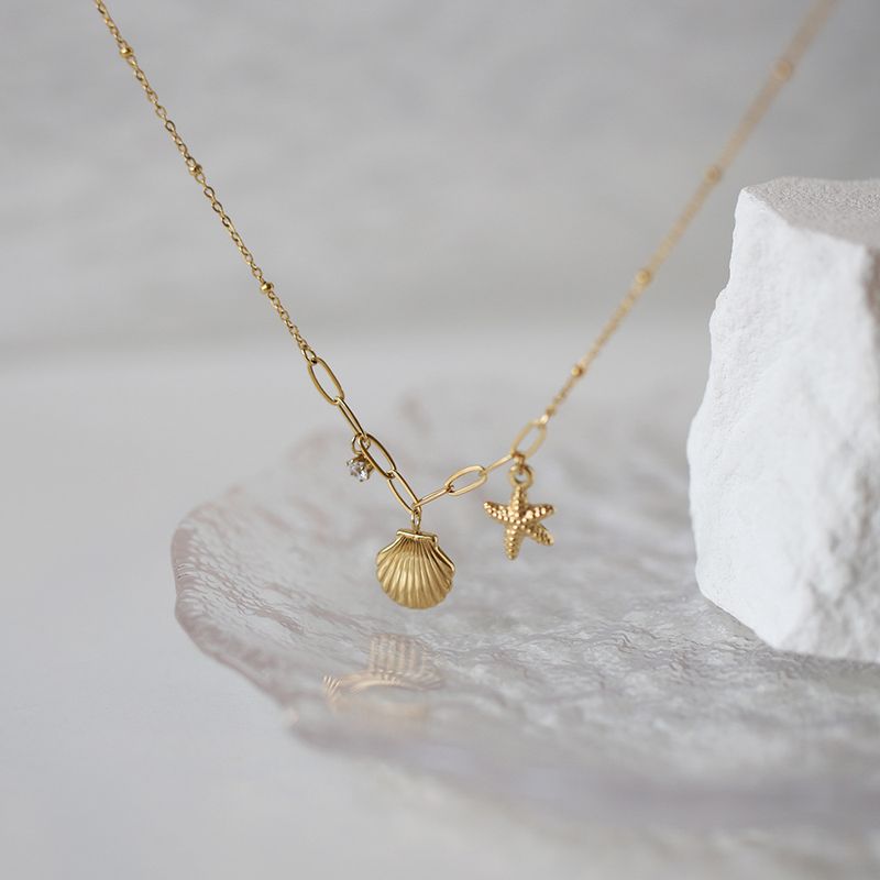 Whale Rain Jewelry Ocean Style Exquisite Shell Claw Diamond Starfish Short Chain Clavicle Necklace Titanium Steel Plated with Gold_voghion.com