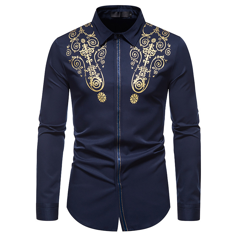 2024 frühjahr Neue Herrenmode Business Kleid Langarm Hemd mit Gold Prägung Druck Casual Top Slim Fit_voghion.com