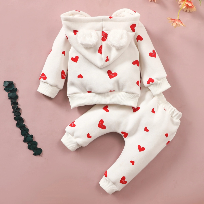Babytøj spædbørn og småbørn elsker hættedragt baby efterår og vinter langærmet lynlås sweater bukser jordbær todelt sæt_voghion.com