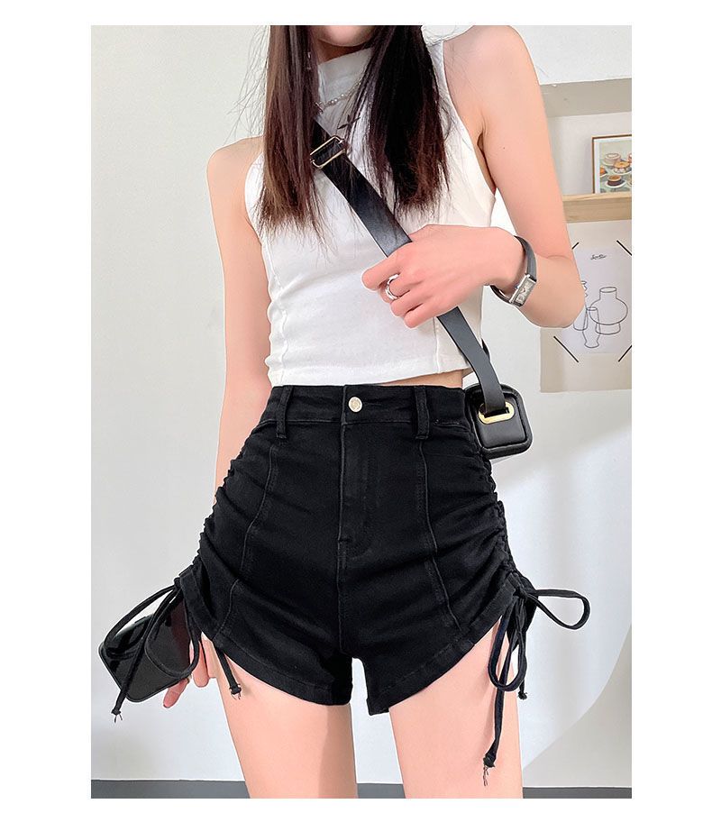 Strap drawstring denim shorts for women in summer, niche design with high waist slimming effect. Spicy girls have a_voghion.com