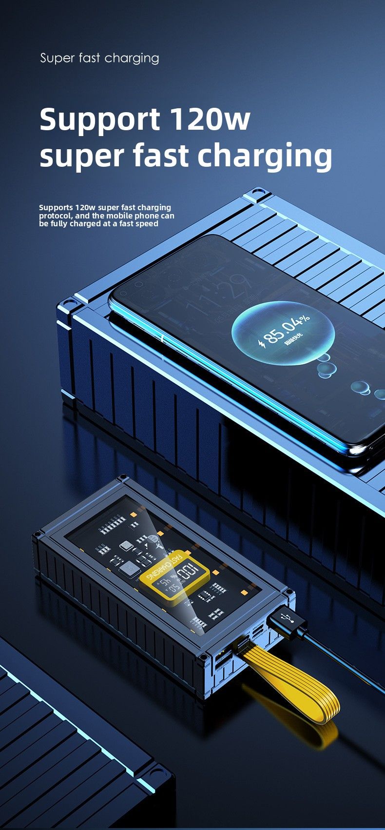 Batterie externe créative de grande capacité, 20 000 mAh, avec éclairage LED transparent, affichage numérique et fonction téléphone portable._voghion.com