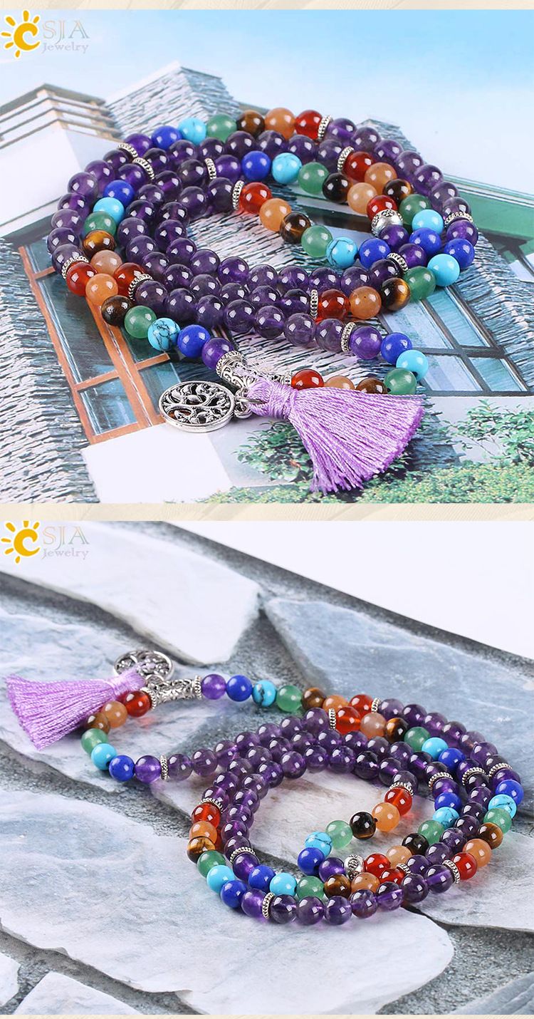 Multi Layer Natural Amethyst Bracelet Necklace 108 Stone Beads Bracelet Tassel Jewelry Female Jewelry_voghion.com