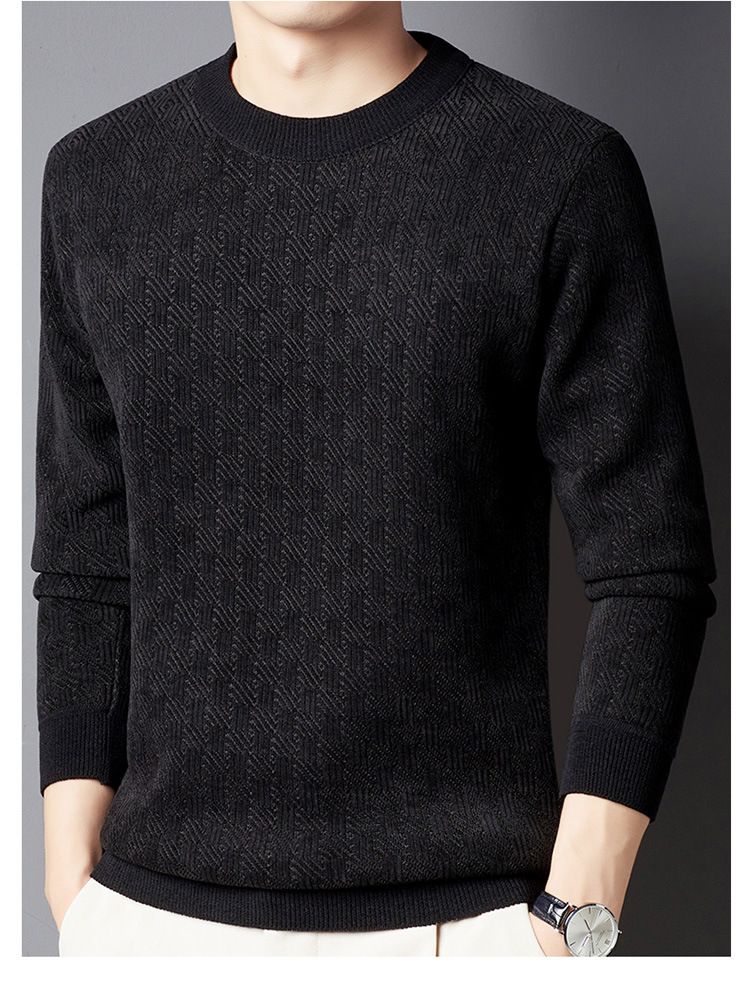 Herrenbekleidung Winterpullover für Herren Plus Samt Verdickter Jacquard-Karos All-in-One-Samt Warmes Oberteil Einfarbiger Rundhalspullover_voghion.com