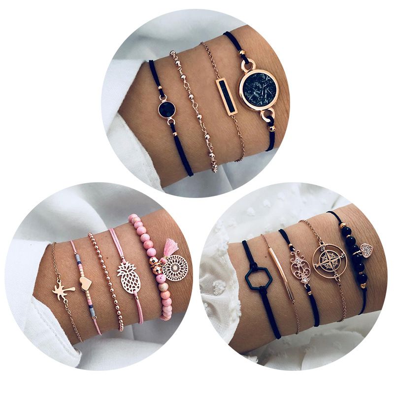 Bracciale esagonale nero con bussola personalizzata e ciondolo a forma di cuore tempestato di diamanti, set di 5 gioielli_voghion.com
