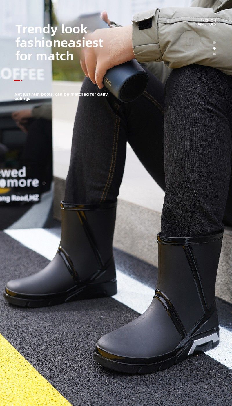 Modische flache Herren-Regenschuhe, mittlere Röhre, rutschfest, wasserdicht, Angelschuhe, Baustellen-/Küchen-Wasserschuhe für Herren_voghion.com