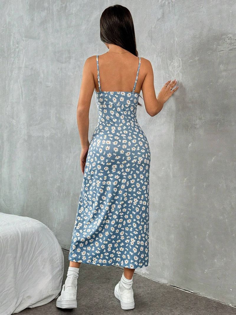 Women's 2025 Spring/Summer Strap Wrapped Chest High Slit Daisy Printed Dress_voghion.com