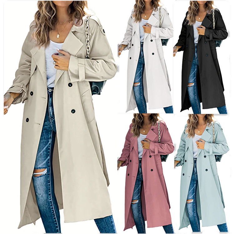 Cappotto lungo da donna con doppio petto, giacca a vento autunnale e primaverile, classico bavero, manica lunga, antivento, con cintura_voghion.com