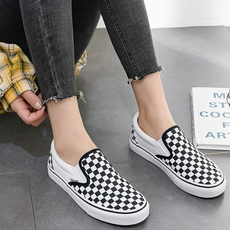 Dame sjakkbrett lerretssko Uformelt Damegåsko Slip on Loafers Sportssko Kurver Femme Compensées_voghion.com
